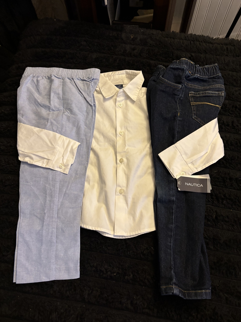Nautica Boys White Dress Shirt with Light Blue Nautica Pants and Dark Blue Jeans